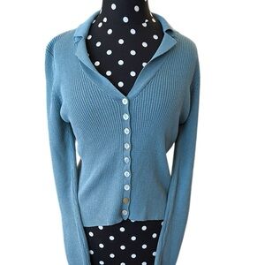 Lindex Ribbed Stretch Cardigan Jumper Lapel Collar Teal Blue V-Neck EU M/US S